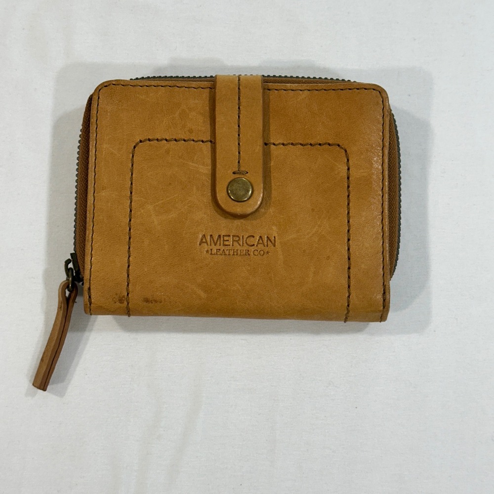 American Leather Co Tan Leather Bifold Zip Around Wallet ID Window Small Cognac